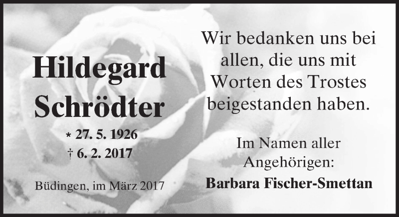  Traueranzeige für Hildegard Schrödter vom 18.03.2017 aus  Kreisanzeiger