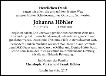Traueranzeige von Johanna Höhler von Trauerportal Rhein Main Presse