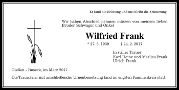 Traueranzeige von Wilfried Frank von  Gießener Anzeiger