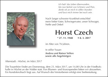 Traueranzeige von Horst Czech von  Kreisanzeiger