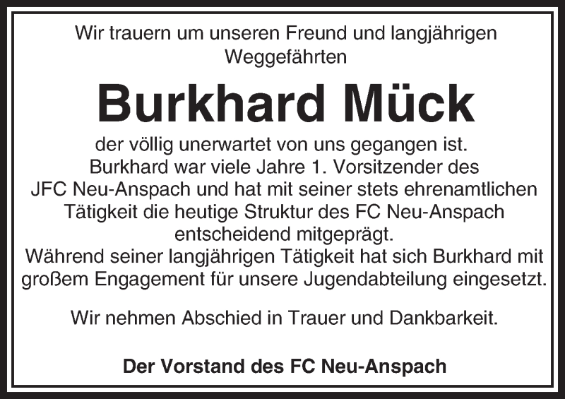  Traueranzeige für Burkhard Mück vom 04.03.2017 aus  Usinger Anzeiger