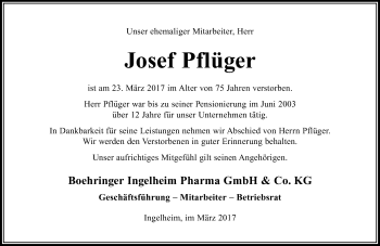 Traueranzeige von Josef Pflüger von Trauerportal Rhein Main Presse