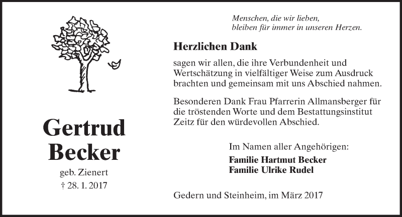  Traueranzeige für Gertrud  Becker vom 11.03.2017 aus  Kreisanzeiger