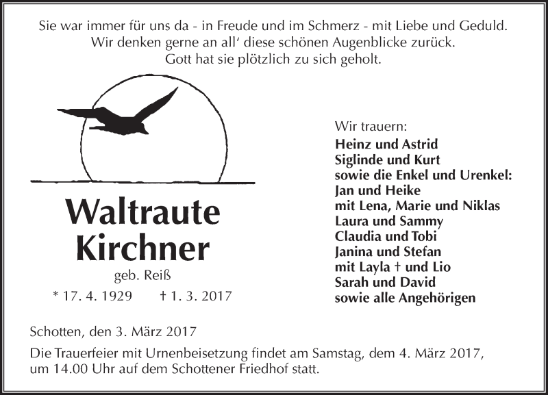  Traueranzeige für Waltraute Kirchner vom 03.03.2017 aus  Kreisanzeiger