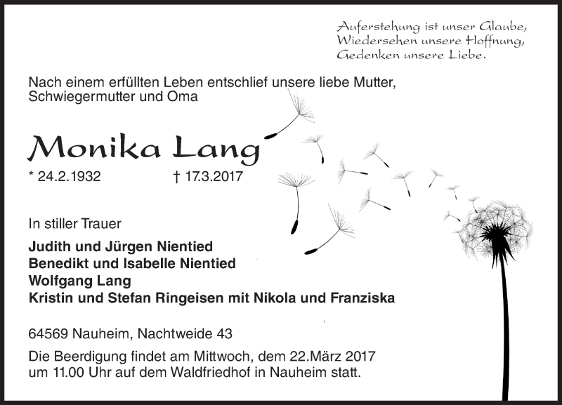  Traueranzeige für Monika Lang vom 18.03.2017 aus Trauerportal Rhein Main Presse