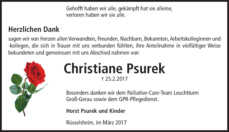  Traueranzeige für Christiane Psurek vom 25.03.2017 aus Trauerportal Rhein Main Presse