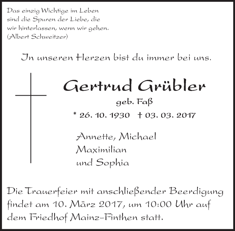  Traueranzeige für Gertrud Grübler vom 07.03.2017 aus Trauerportal Rhein Main Presse