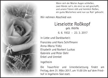 Traueranzeige von Lieselotte Roßkopf von Trauerportal Rhein Main Presse