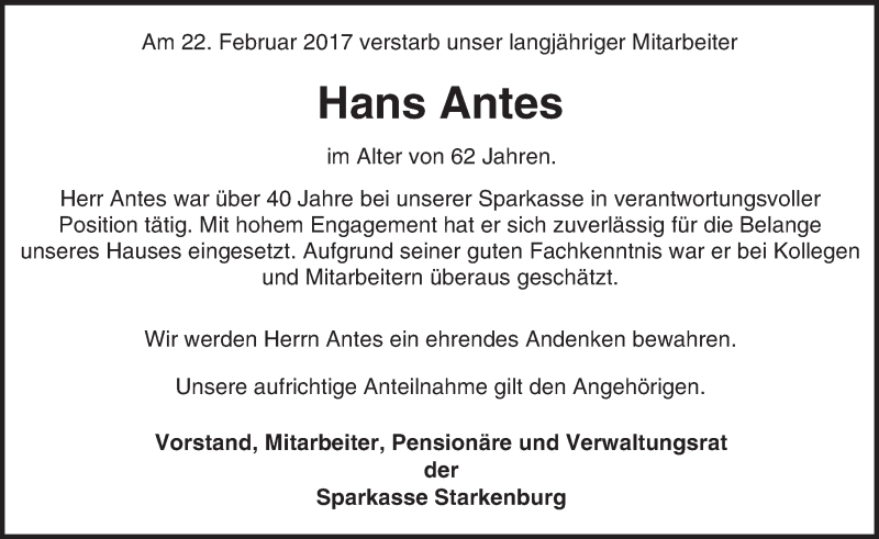  Traueranzeige für Hans Antes vom 21.03.2017 aus Trauerportal Echo Online