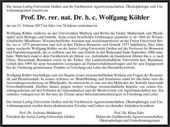 Traueranzeige von Wolfgang Köhler von  Gießener Anzeiger