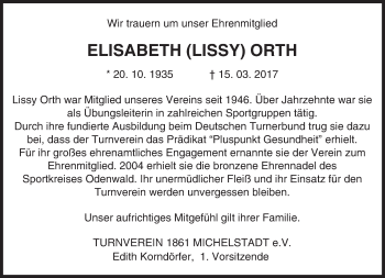 Traueranzeige von Elisabeth Orth von Trauerportal Echo Online