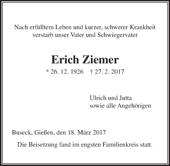 Traueranzeige von Erich Ziemer von  Gießener Anzeiger