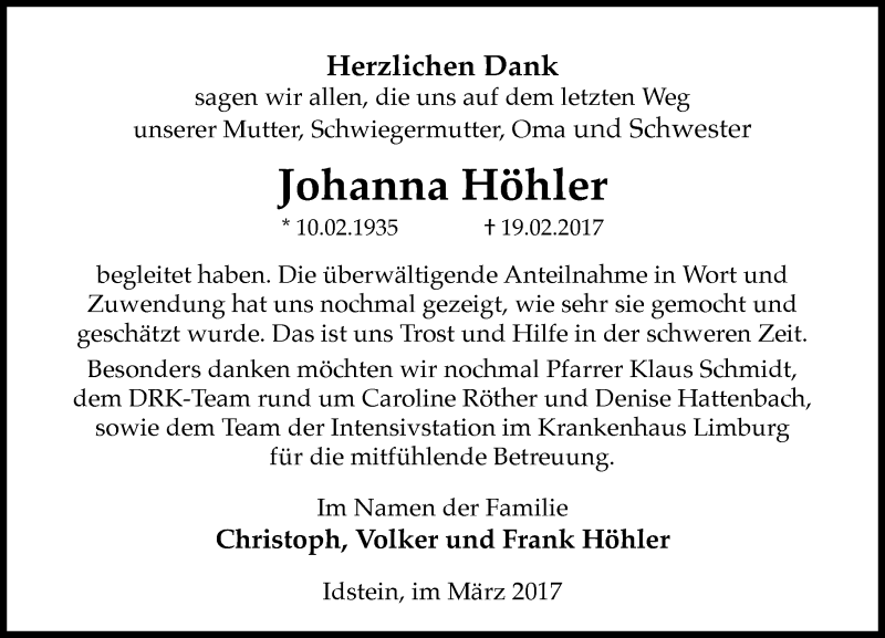  Traueranzeige für Johanna Höhler vom 18.03.2017 aus Trauerportal Rhein Main Presse