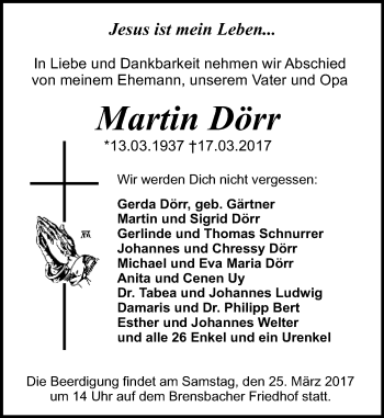Traueranzeige von Martin Dörr von Trauerportal Echo Online