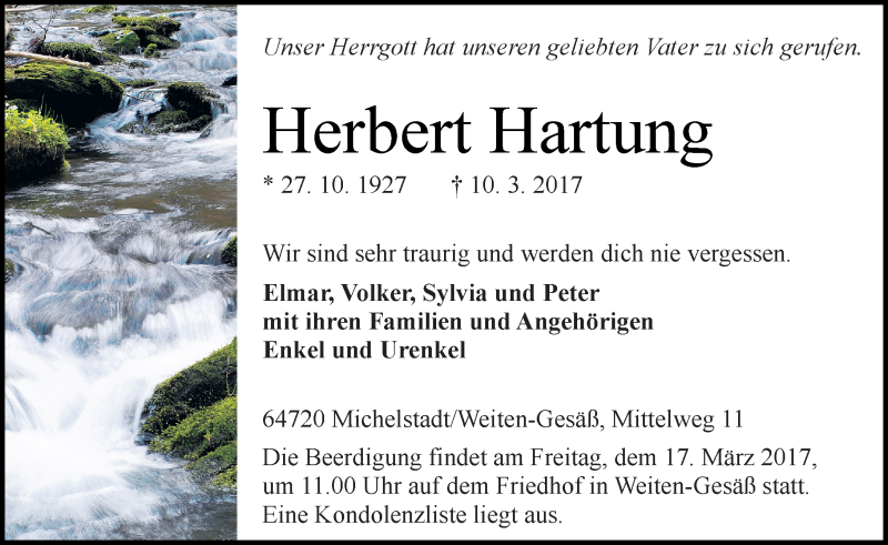  Traueranzeige für Herbert Hartung vom 14.03.2017 aus Trauerportal Echo Online