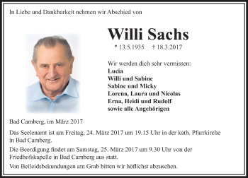 Traueranzeige von Willi Sachs von  Camberger Anzeiger