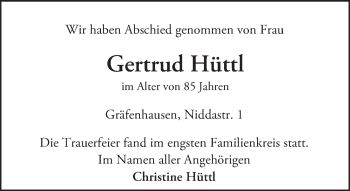 Traueranzeige von Gertrud Hüttl von Trauerportal Echo Online