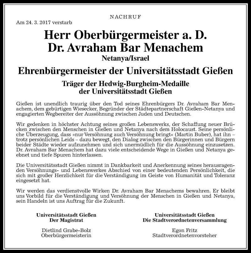  Traueranzeige für Avraham Bar Menachem vom 27.03.2017 aus  Gießener Anzeiger