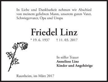 Traueranzeige von Friedel Linz von Trauerportal Rhein Main Presse