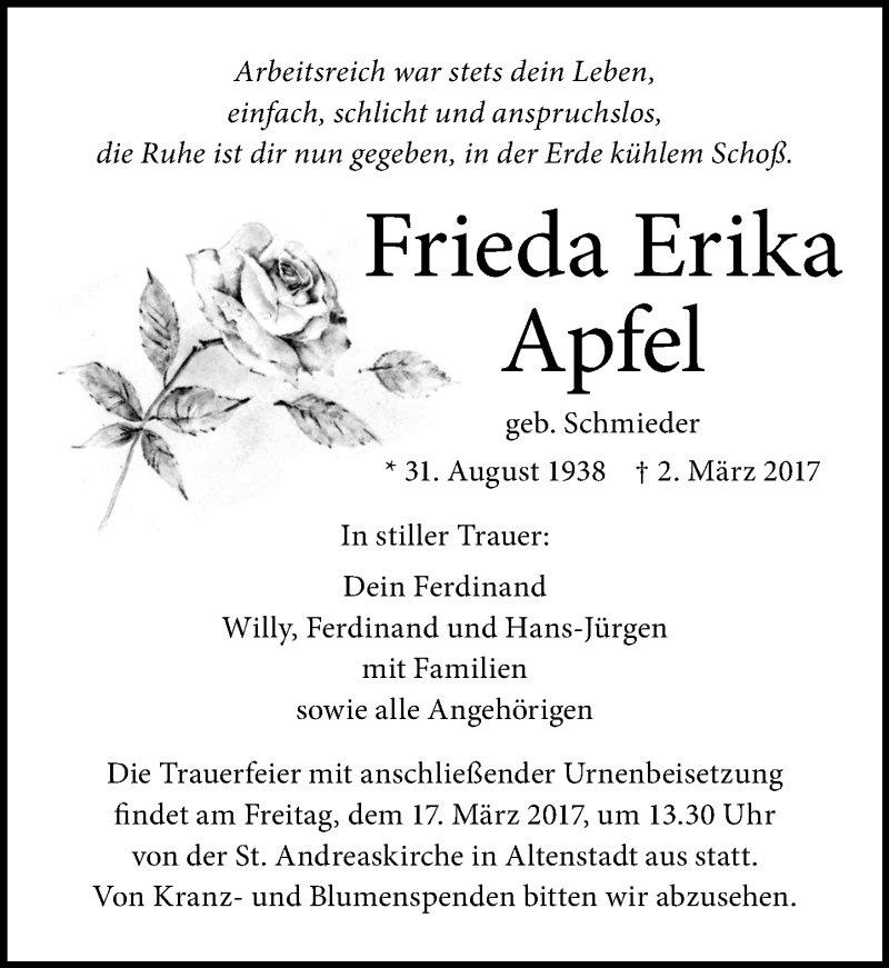  Traueranzeige für Frieda Erika Apfel vom 14.03.2017 aus  Kreisanzeiger