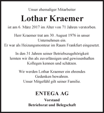 Traueranzeige von Lothar Kraemer von Trauerportal Echo Online