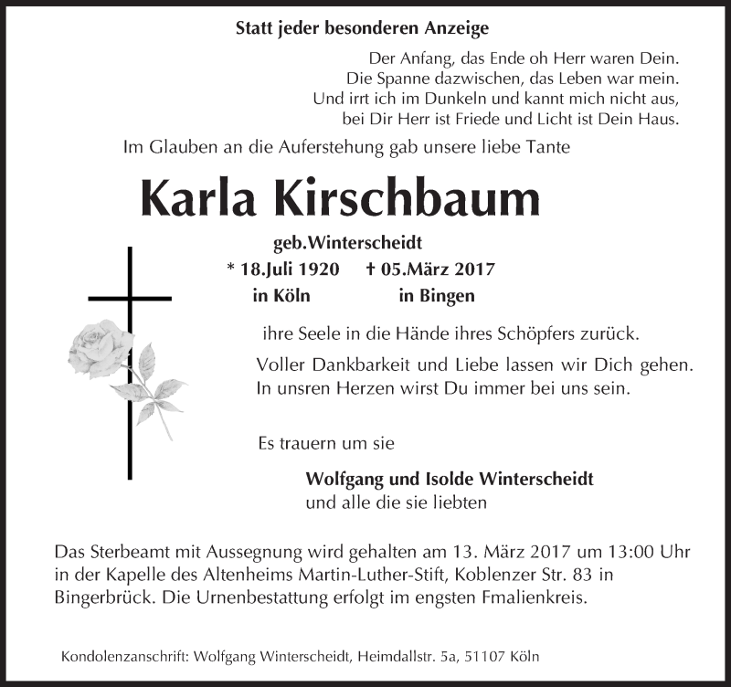 Traueranzeige für Karla Kirschbaum vom 11.03.2017 aus Trauerportal Rhein Main Presse