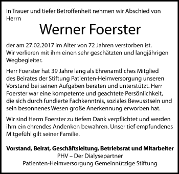 Traueranzeige von Werner Foerster von Trauerportal Rhein Main Presse