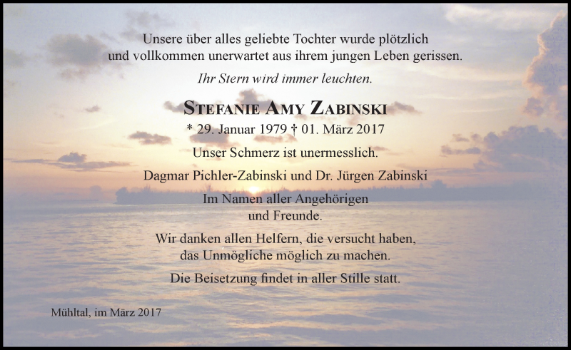  Traueranzeige für Stefanie Amy Zabinski vom 11.03.2017 aus Trauerportal Echo Online