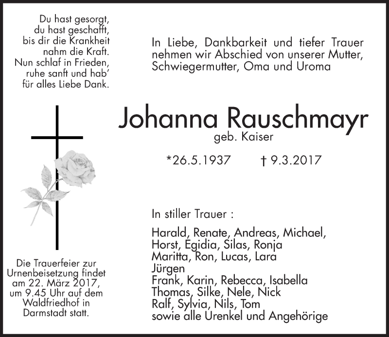  Traueranzeige für Johanna Rauschmayr vom 18.03.2017 aus Trauerportal Echo Online