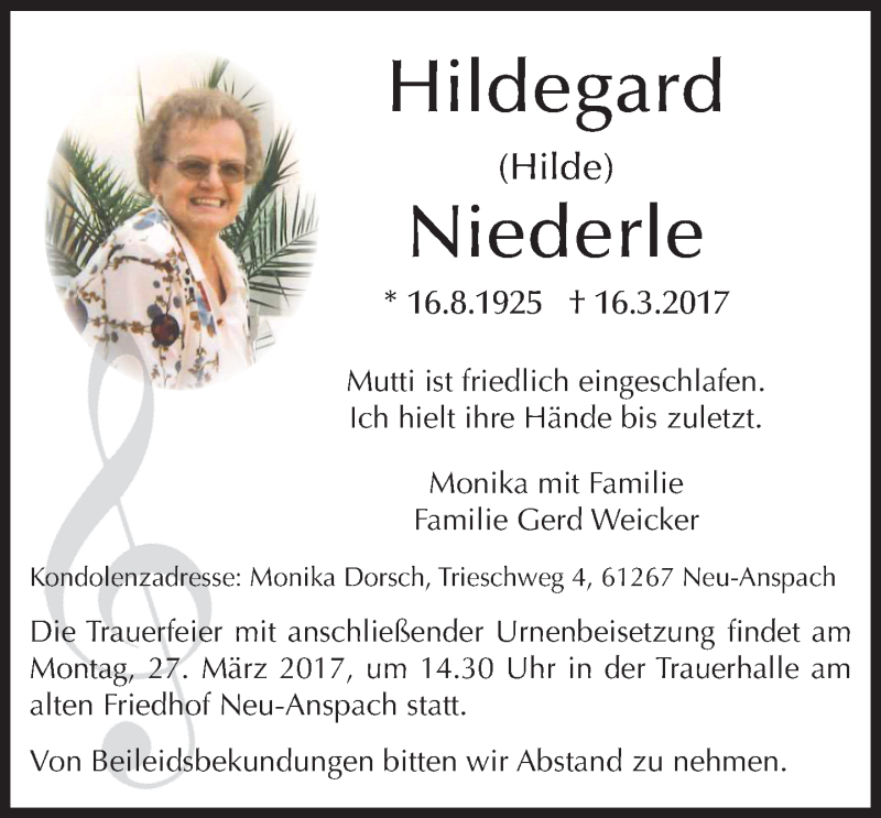  Traueranzeige für Hildegard Niederle vom 22.03.2017 aus  Usinger Anzeiger