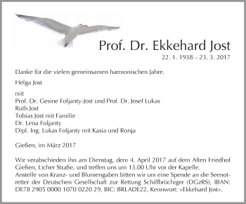 Traueranzeige von Ekkehard Jost von  Gießener Anzeiger