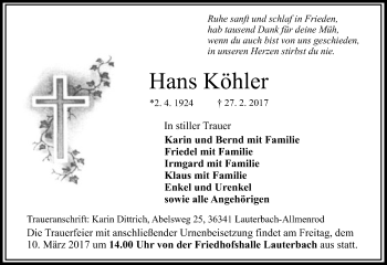Traueranzeige von Hans Köhler von VRM Trauer