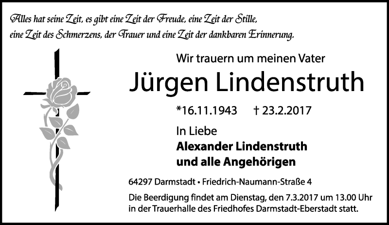  Traueranzeige für Jürgen Lindenstruth vom 04.03.2017 aus Trauerportal Echo Online