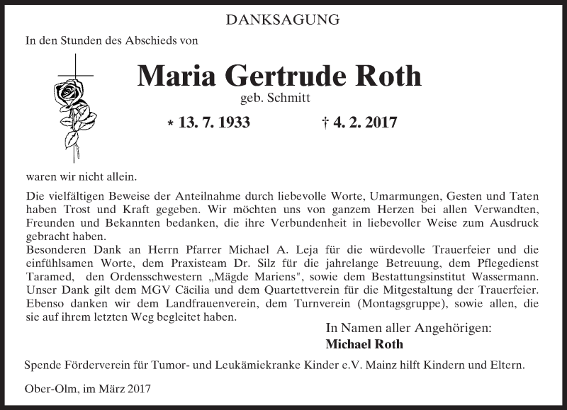  Traueranzeige für Maria Gertrude Roth vom 11.03.2017 aus Trauerportal Rhein Main Presse