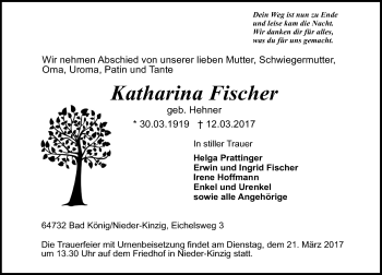 Traueranzeige von Katharina Fischer von Trauerportal Echo Online