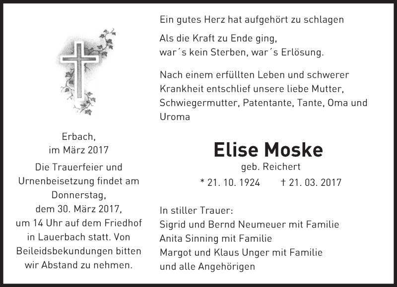  Traueranzeige für Elise Moske vom 25.03.2017 aus Trauerportal Echo Online