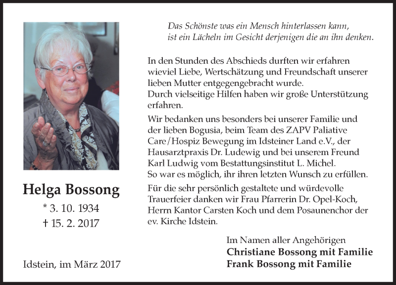  Traueranzeige für Helga Bossong vom 18.03.2017 aus Trauerportal Rhein Main Presse