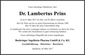 Traueranzeige von Lambertus Prins von Trauerportal Rhein Main Presse