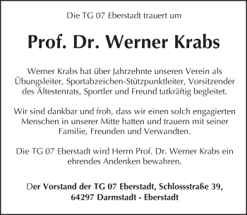 Traueranzeige von Werner Krabs von Trauerportal Echo Online