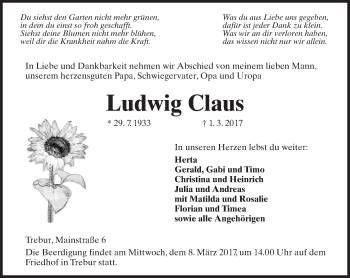 Traueranzeige von Ludwig Claus von Trauerportal Rhein Main Presse