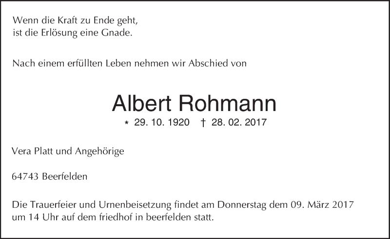  Traueranzeige für Albert Rohmann vom 06.03.2017 aus Trauerportal Echo Online