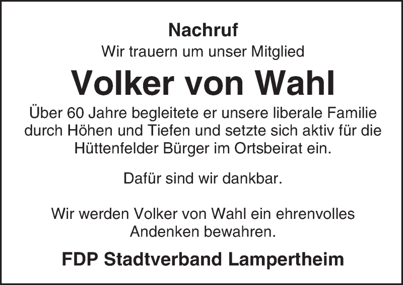  Traueranzeige für Volker von Wahl vom 18.03.2017 aus Trauerportal Echo Online