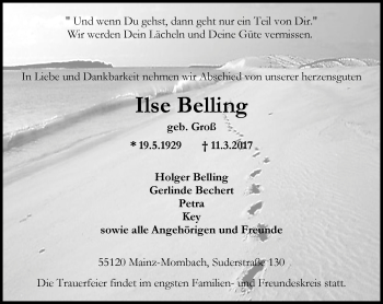 Traueranzeige von Ilse Belling von Trauerportal Rhein Main Presse