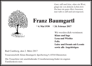 Traueranzeige von Franz Baumgartl von  Camberger Anzeiger