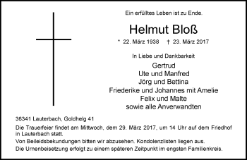 Traueranzeige von Helmut Bloß von VRM Trauer