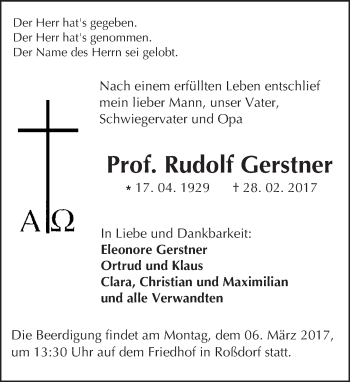 Traueranzeige von Rudolf Gerstner von Trauerportal Echo Online