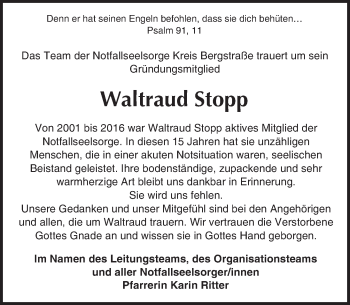 Traueranzeige von Waltraud Stopp von Trauerportal Echo Online