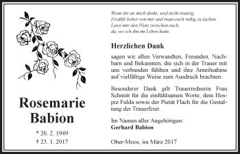 Traueranzeige von Rosemarie Babion von VRM Trauer