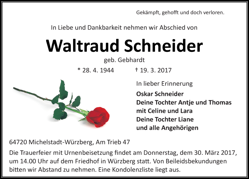  Traueranzeige für Waltraud Schneider vom 22.03.2017 aus Trauerportal Echo Online