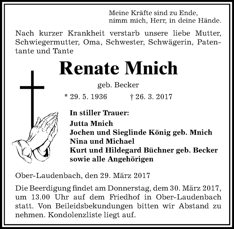  Traueranzeige für Renate Mnich vom 29.03.2017 aus Trauerportal Echo Online